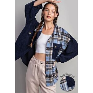 Davi& Dani Blue Plaid Split Corduroy Shacket Women’s Size M Oversized Streetwear